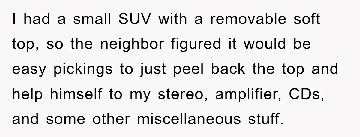 I had a small SUV with a removable soft top, so the neighbor figured it would be easy pickings to just peel back the top and help himself to my...