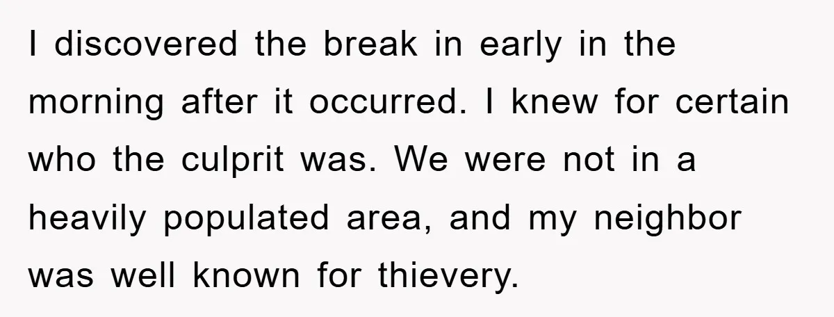 I discovered the break in early in the morning after it occurred. I knew for certain who the culprit was. We were not in a heavily populated area, and my...
