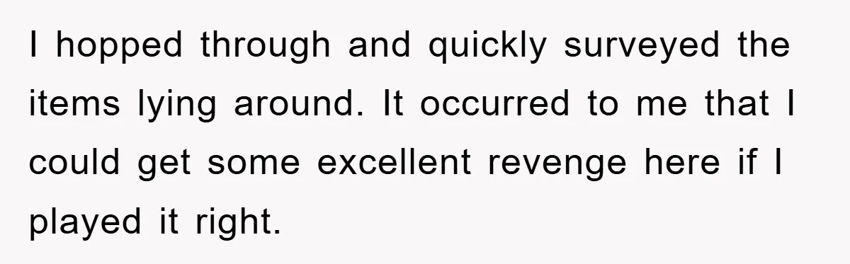 I hopped through and quickly surveyed the items lying around. It occurred to me that I could get some excellent revenge here if I played it right.
