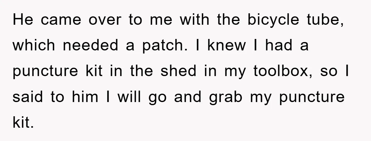 He came over to me with the bicycle tube, which needed a patch. I knew I had a puncture kit in the shed in my toolbox, so I said to...