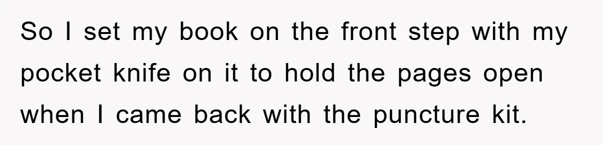 So I set my book on the front step with my pocket knife on it to hold the pages open when I came back with the puncture kit.