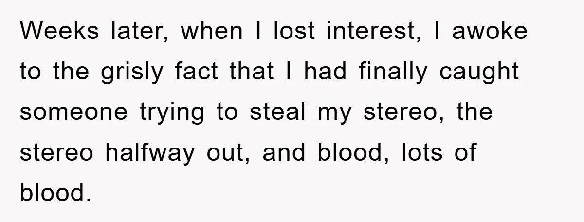 Weeks later, when I lost interest, I awoke to the grisly fact that I had finally caught someone trying to steal my stereo, the stereo halfway out, and blood, lots...
