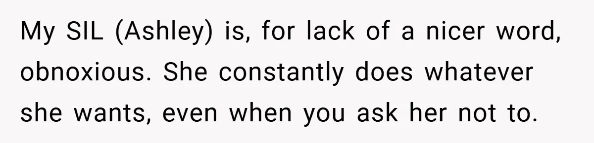My SIL (Ashley) is, for lack of a nicer word, obnoxious. She constantly does whatever she wants, even when you ask her not to.