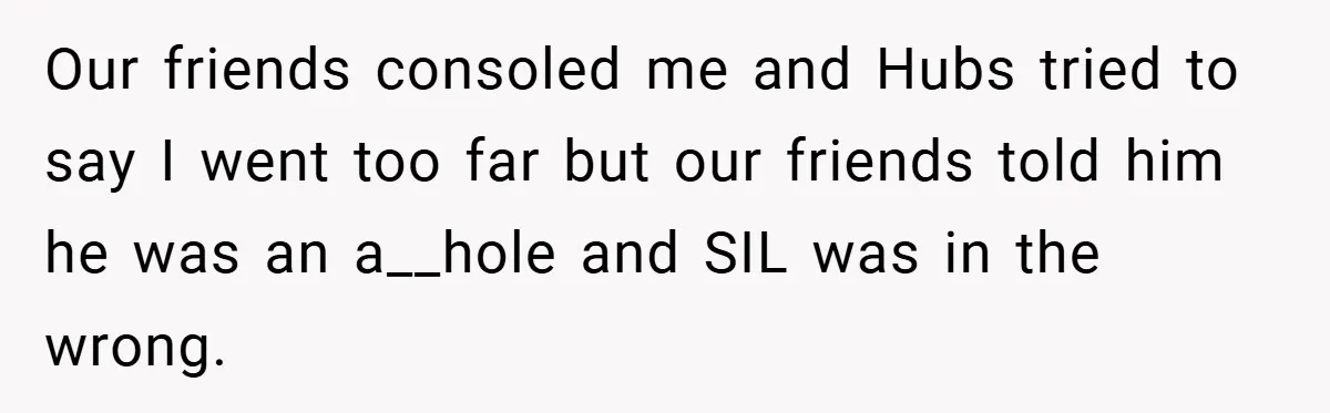 Our friends consoled me and Hubs tried to say I went too far but our friends told him he was an a__hole and SIL was in the wrong.