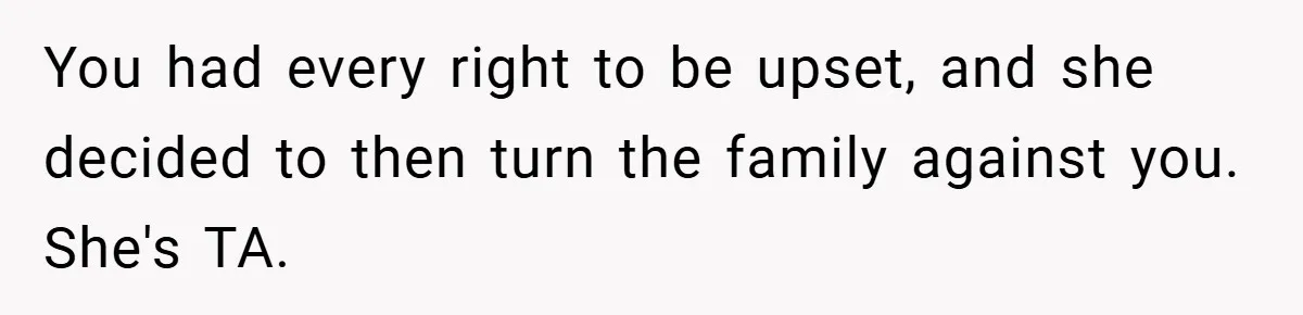 You had every right to be upset, and she decided to then turn the family against you. She's TA.