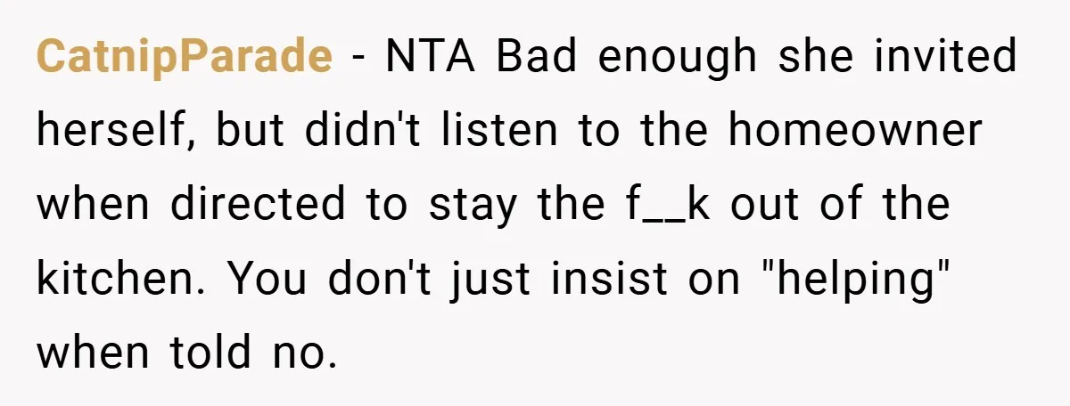 CatnipParade − NTA Bad enough she invited herself, but didn't listen to the homeowner when directed to stay the f__k out of the kitchen. You don't just insist on "helping"...