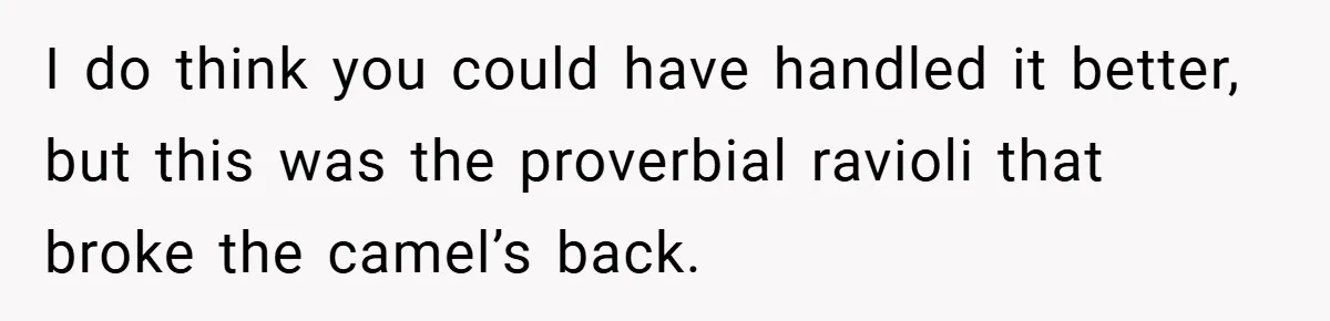 I do think you could have handled it better, but this was the proverbial ravioli that broke the camel’s back.