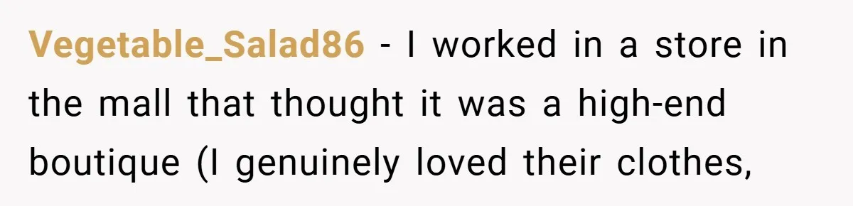 Vegetable_Salad86 − I worked in a store in the mall that thought it was a high-end boutique (I genuinely loved their clothes,