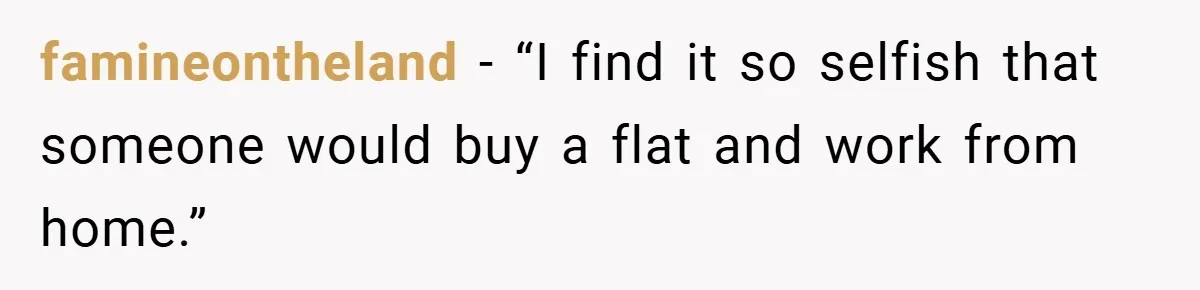 famineontheland − “I find it so selfish that someone would buy a flat and work from home.”