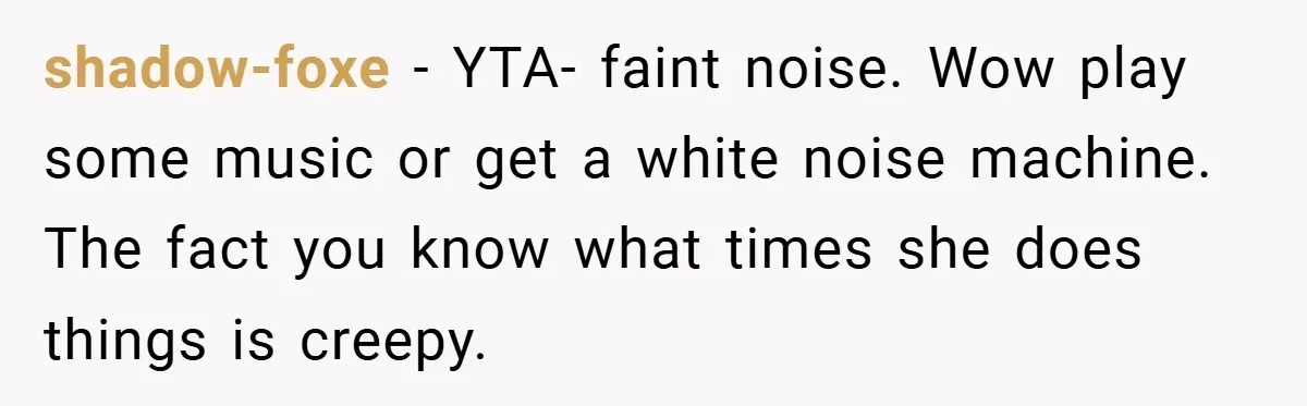 shadow-foxe − YTA- faint noise. Wow play some music or get a white noise machine. The fact you know what times she does things is creepy.