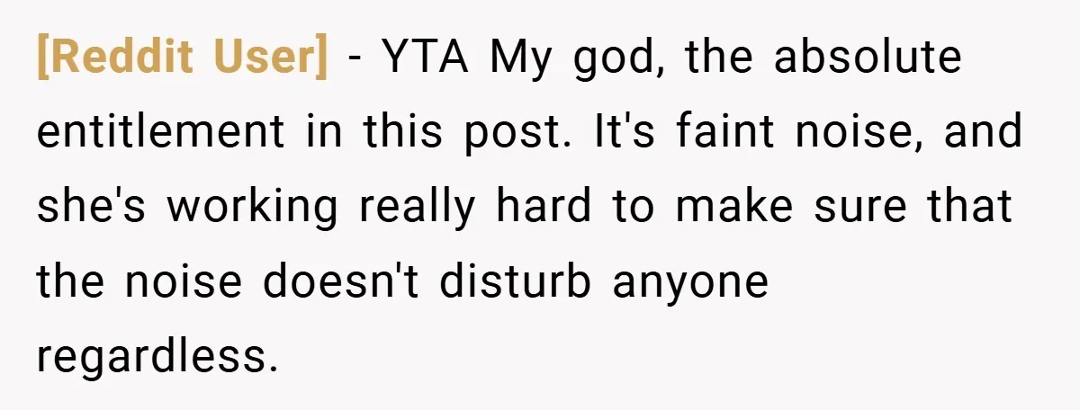 [Reddit User] − YTA My god, the absolute entitlement in this post. It's faint noise, and she's working really hard to make sure that the noise doesn't disturb anyone regardless.