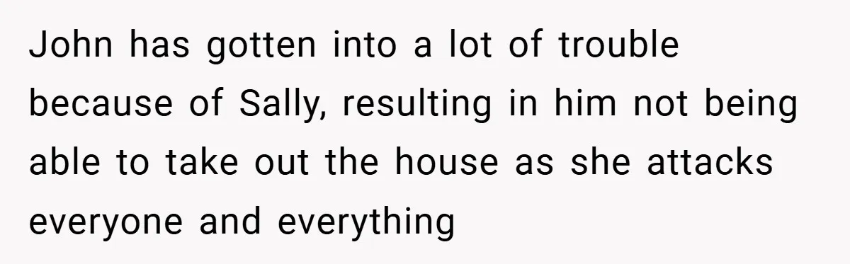 John has gotten into a lot of trouble because of Sally, resulting in him not being able to take out the house as she attacks everyone and everything