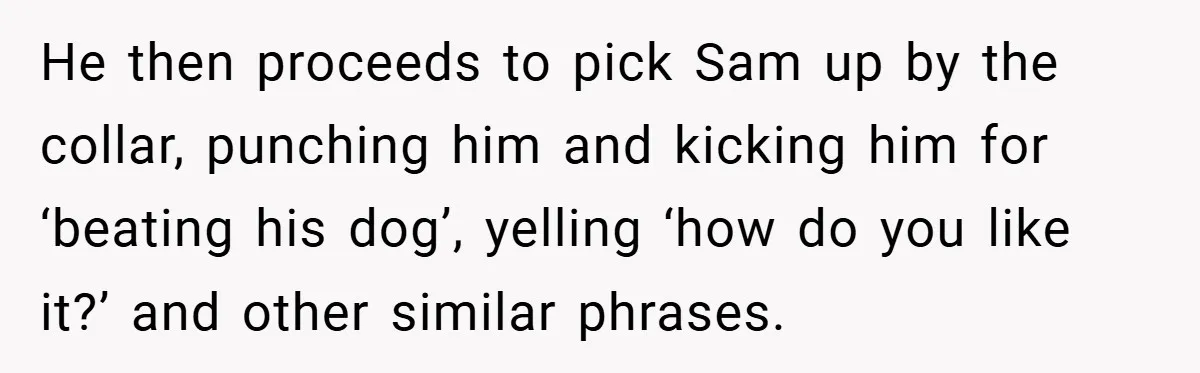 He then proceeds to pick Sam up by the collar, punching him and kicking him for ‘beating his dog’, yelling ‘how do you like it?’ and other similar phrases.
