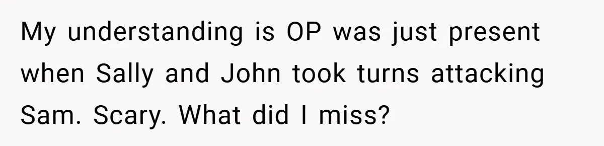 My understanding is OP was just present when Sally and John took turns attacking Sam. Scary. What did I miss?