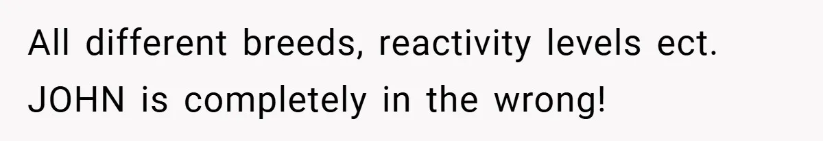 All different breeds, reactivity levels ect. JOHN is completely in the wrong!