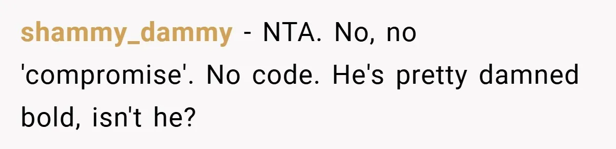 shammy_dammy − NTA. No, no 'compromise'. No code. He's pretty damned bold, isn't he?