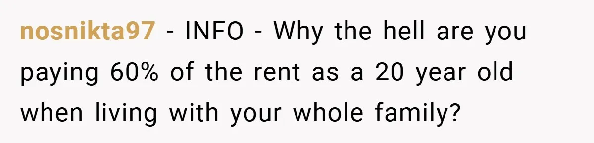 nosnikta97 − INFO - Why the hell are you paying 60% of the rent as a 20 year old when living with your whole family?