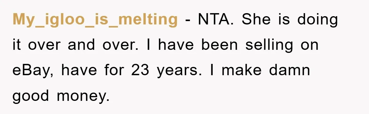 My_igloo_is_melting − NTA. She is doing it over and over. I have been selling on eBay, have for 23 years. I make damn good money.