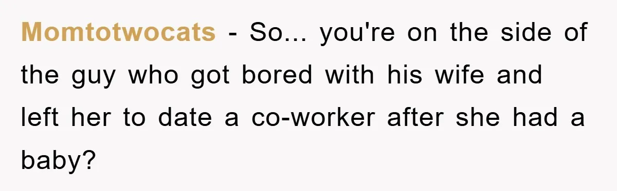 Momtotwocats − So... you're on the side of the guy who got bored with his wife and left her to date a co-worker after she had a baby?