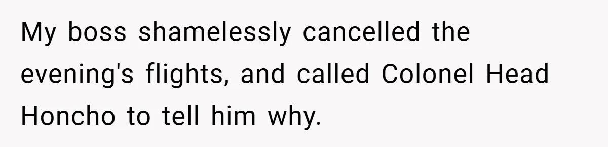 My boss shamelessly cancelled the evening's flights, and called Colonel Head Honcho to tell him why.