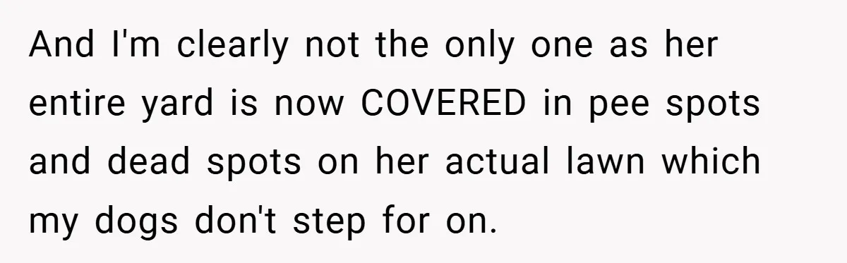 And I'm clearly not the only one as her entire yard is now COVERED in pee spots and dead spots on her actual lawn which my dogs don't step for...