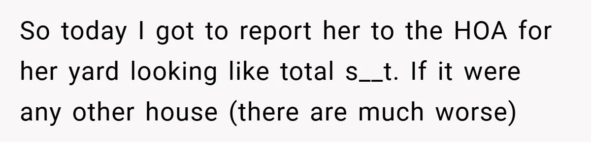 So today I got to report her to the HOA for her yard looking like total s__t. If it were any other house (there are much worse)