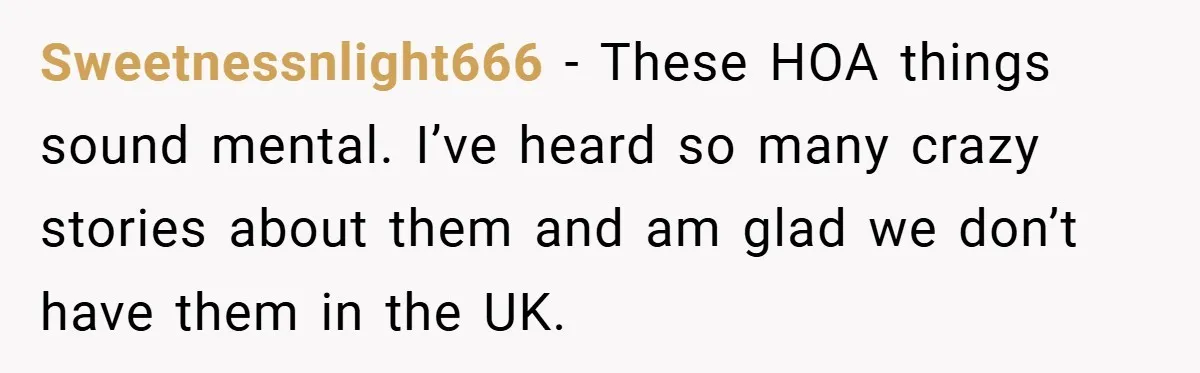 Sweetnessnlight666 − These HOA things sound mental. I’ve heard so many crazy stories about them and am glad we don’t have them in the UK.
