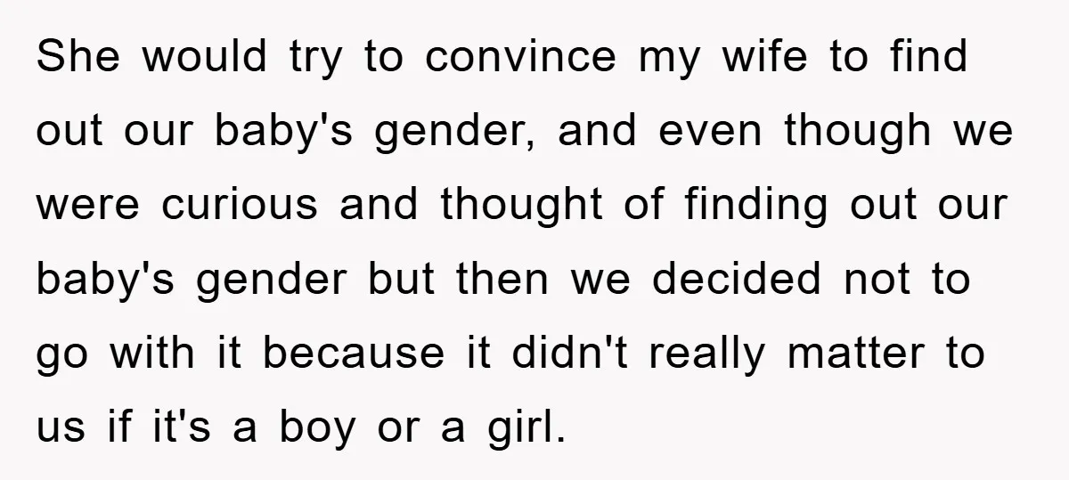 She would try to convince my wife to find out our baby's gender, and even though we were curious and thought of finding out our baby's gender but then we...