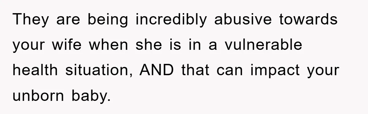 They are being incredibly abusive towards your wife when she is in a vulnerable health situation, AND that can impact your unborn baby.