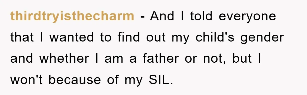 thirdtryisthecharm − And I told everyone that I wanted to find out my child's gender and whether I am a father or not, but I won't because of my SIL.