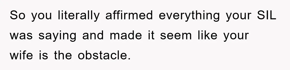 So you literally affirmed everything your SIL was saying and made it seem like your wife is the obstacle.