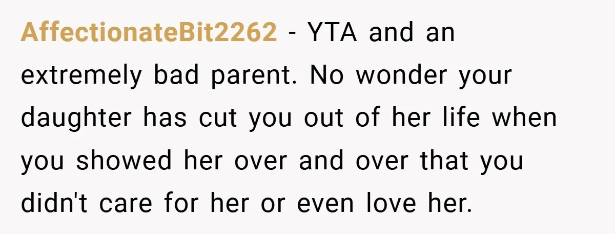 AffectionateBit2262 − YTA and an extremely bad parent. No wonder your daughter has cut you out of her life when you showed her over and over that you didn't care...