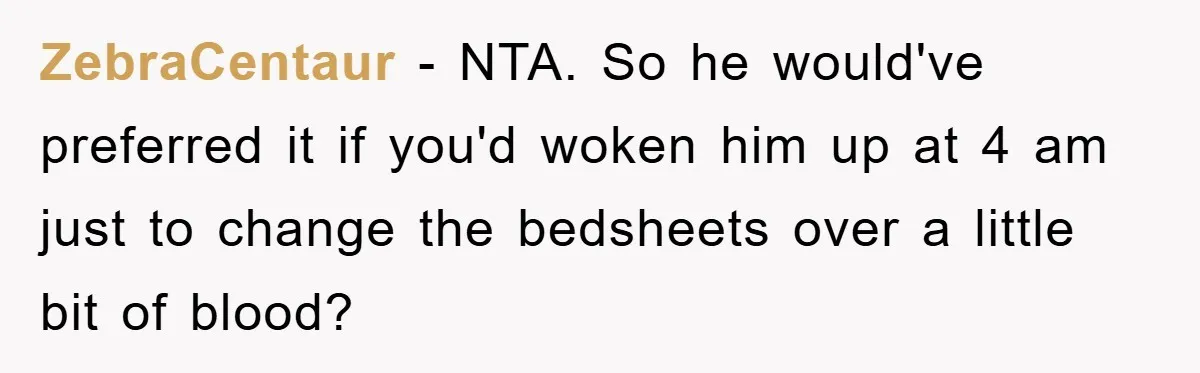 ZebraCentaur − NTA. So he would've preferred it if you'd woken him up at 4 am just to change the bedsheets over a little bit of blood?