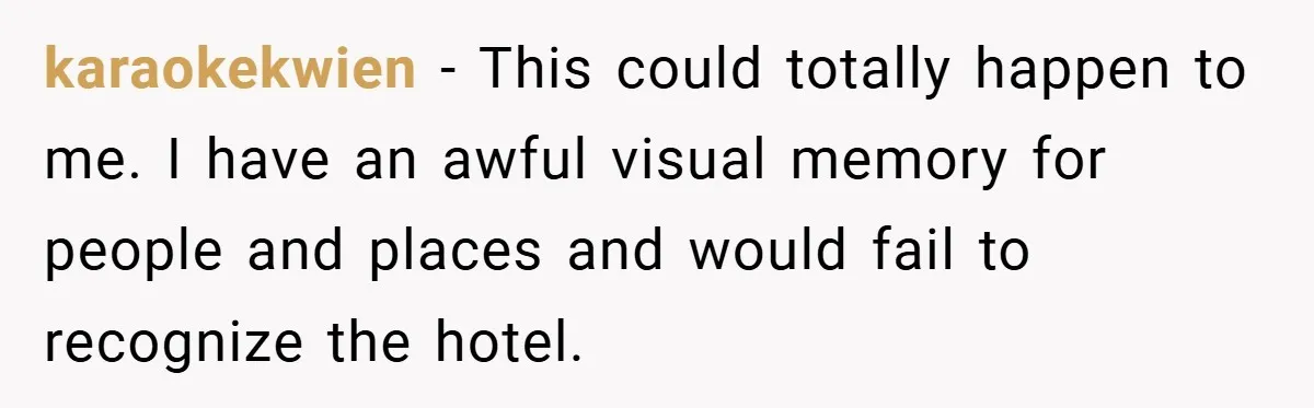 karaokekwien − This could totally happen to me. I have an awful visual memory for people and places and would fail to recognize the hotel.