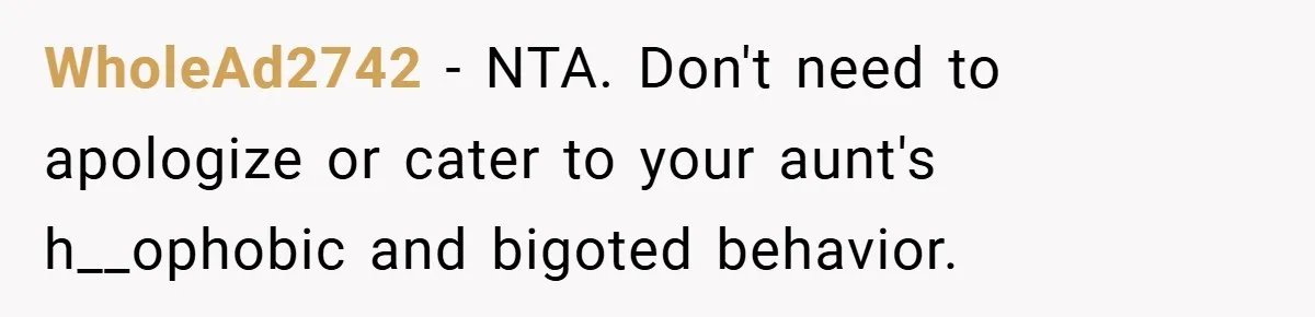 WholeAd2742 − NTA. Don't need to apologize or cater to your aunt's h__ophobic and bigoted behavior.