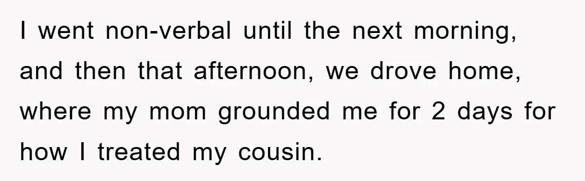 I went non-verbal until the next morning, and then that afternoon, we drove home, where my mom grounded me for 2 days for how I treated my cousin.