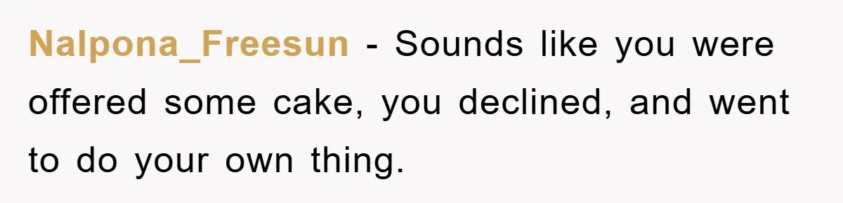 Nalpona_Freesun − Sounds like you were offered some cake, you declined, and went to do your own thing.