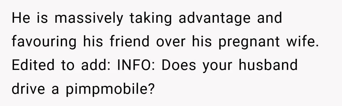 Pregnant Woman Refuses to Cook for Husband’s Party—He Calls Her “Selfish” for Not Helping His Friend Find Love He is massively taking advantage and favouring his friend over his pregnant wife. Edited to add: INFO: Does your husband drive a pimpmobile?
