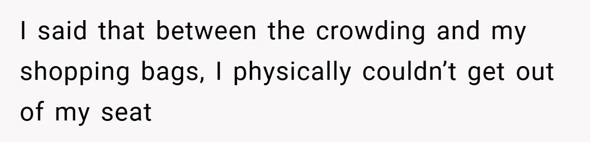 I said that between the crowding and my shopping bags, I physically couldn’t get out of my seat