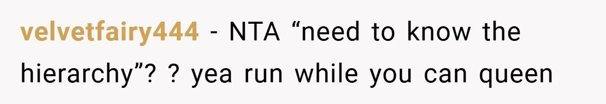 velvetfairy444 − NTA “need to know the hierarchy”? ? yea run while you can queen