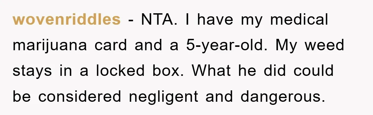 wovenriddles − NTA. I have my medical marijuana card and a 5-year-old. My weed stays in a locked box. What he did could be considered negligent and dangerous.