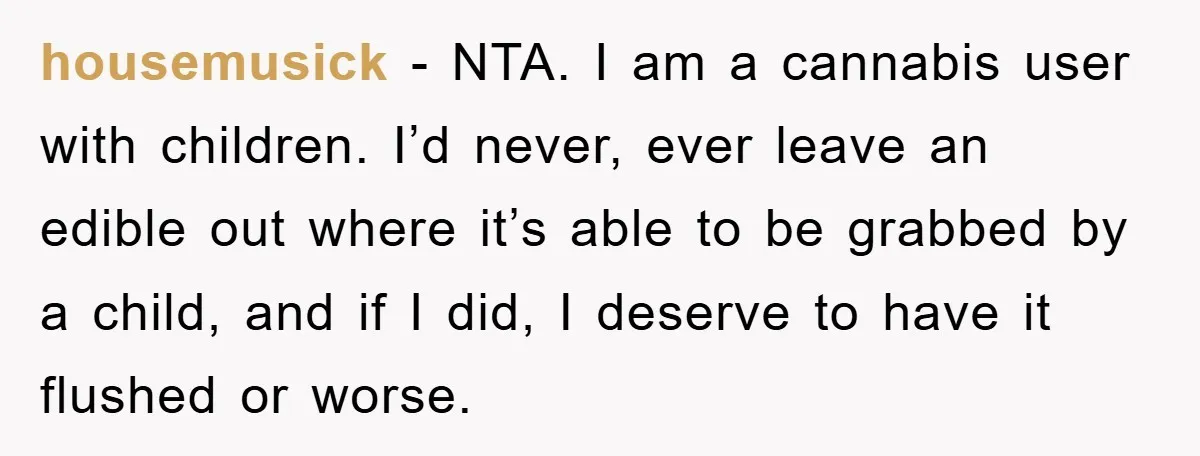housemusick − NTA. I am a cannabis user with children. I’d never, ever leave an edible out where it’s able to be grabbed by a child, and if I did,...