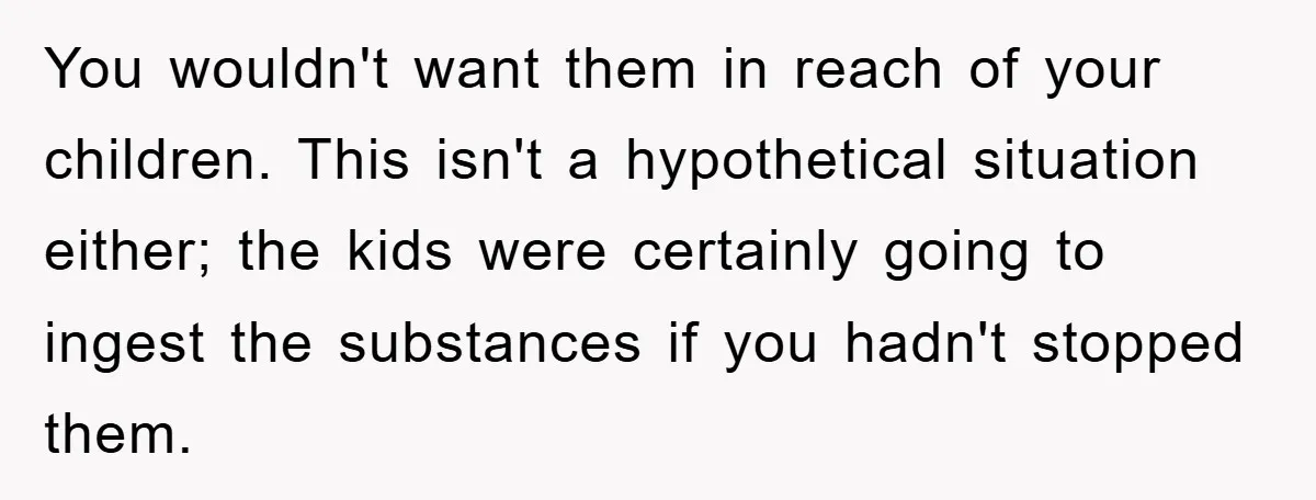 You wouldn't want them in reach of your children. This isn't a hypothetical situation either; the kids were certainly going to ingest the substances if you hadn't stopped them.