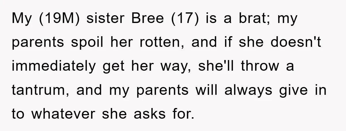 Guy Draws The Line After Realizing His Family’s ‘No Gift’ Rule Doesn’t Apply To His Sister My (19M) sister Bree (17) is a brat; my parents spoil her rotten, and if she doesn't immediately get her way, she'll throw a tantrum, and my parents will always...