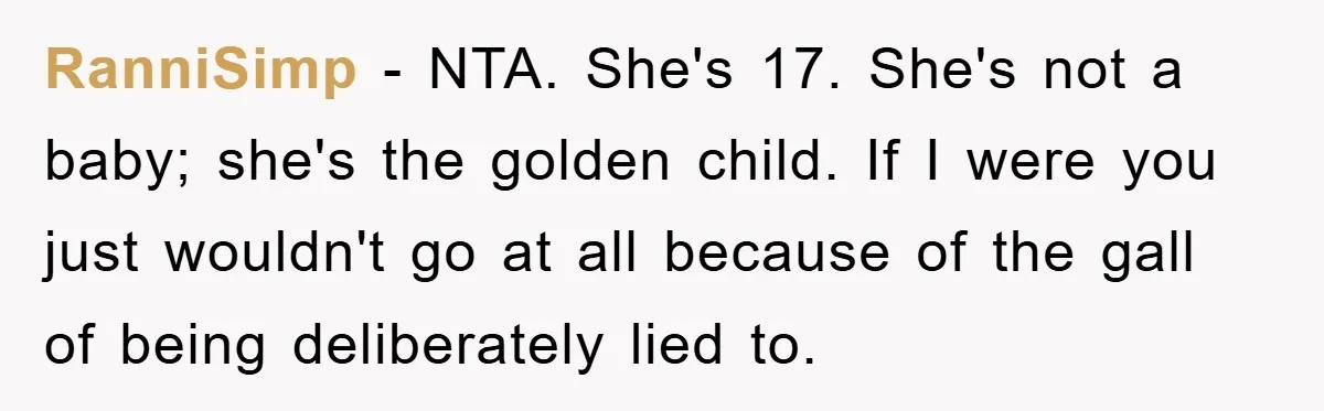Guy Draws The Line After Realizing His Family’s ‘No Gift’ Rule Doesn’t Apply To His Sister RanniSimp − NTA. She's 17. She's not a baby; she's the golden child. If I were you just wouldn't go at all because of the gall of being deliberately lied...