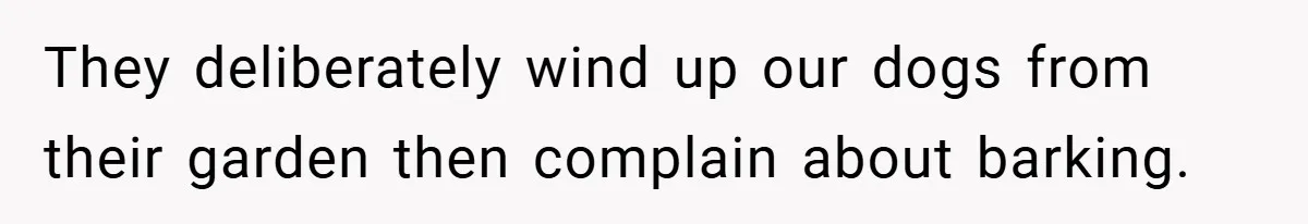 They deliberately wind up our dogs from their garden then complain about barking.