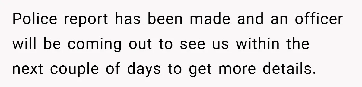 Police report has been made and an officer will be coming out to see us within the next couple of days to get more details.