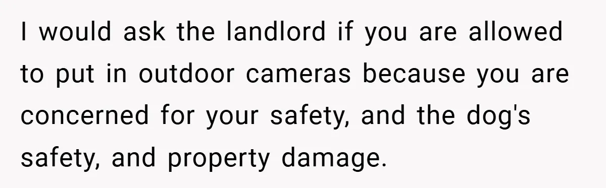 I would ask the landlord if you are allowed to put in outdoor cameras because you are concerned for your safety, and the dog's safety, and property damage.
