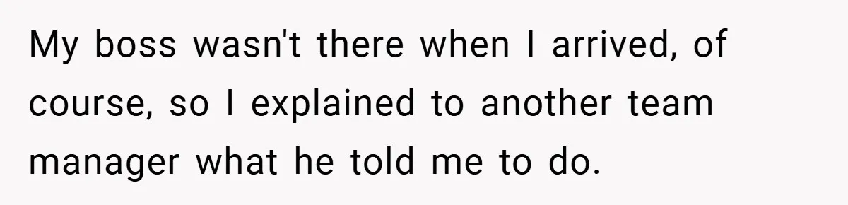 My boss wasn't there when I arrived, of course, so I explained to another team manager what he told me to do.
