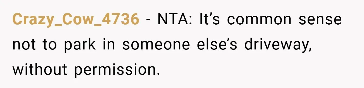 Crazy_Cow_4736 − NTA: It’s common sense not to park in someone else’s driveway, without permission.